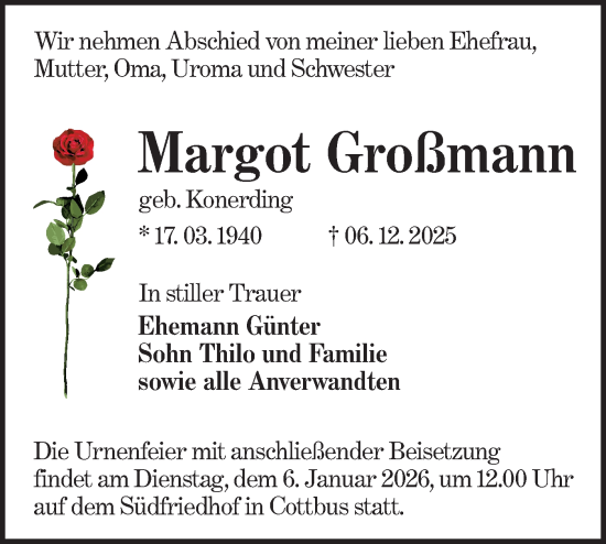Traueranzeige von Margot Großmann von Lausitzer Rundschau