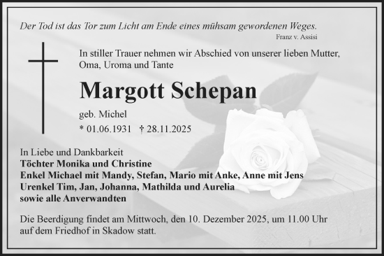 Traueranzeige von Margott Schepan von Lausitzer Rundschau