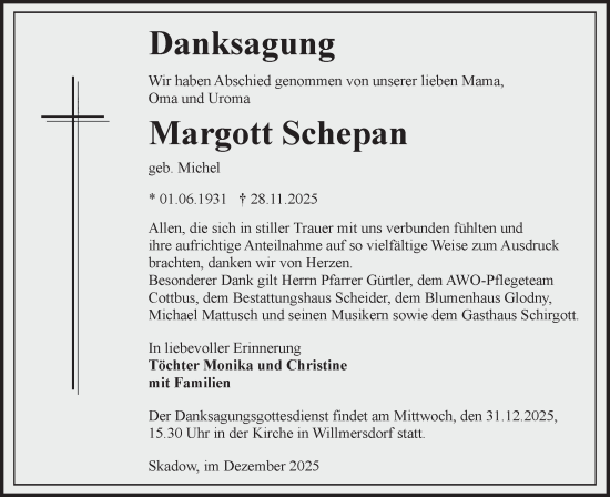 Traueranzeige von Margott Schepan von Lausitzer Rundschau