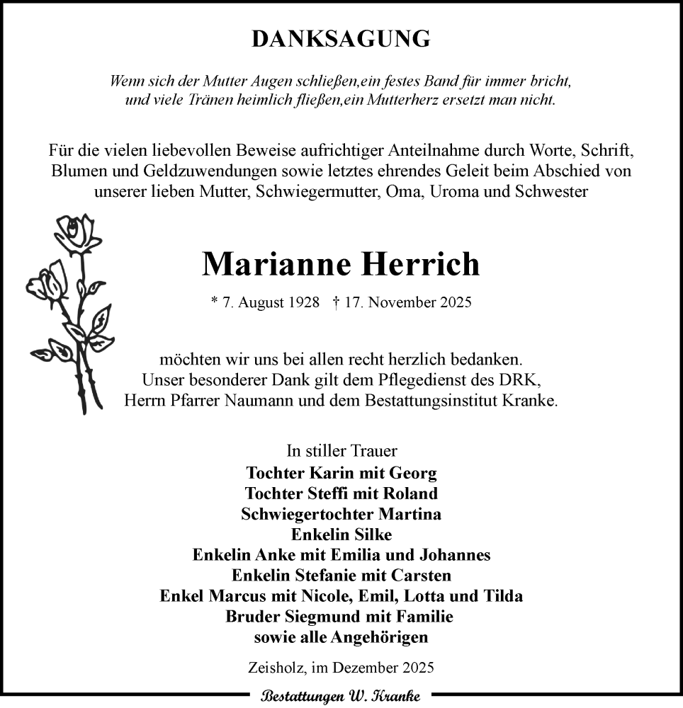 Traueranzeige für Marianne Herrich vom 13.12.2025 aus Lausitzer Rundschau