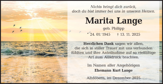Traueranzeige von Marita Lange von Ausg. LR Spreewald RS