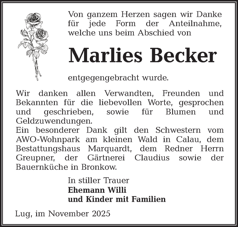  Traueranzeige für Marlies Becker vom 06.12.2025 aus Lausitzer Rundschau
