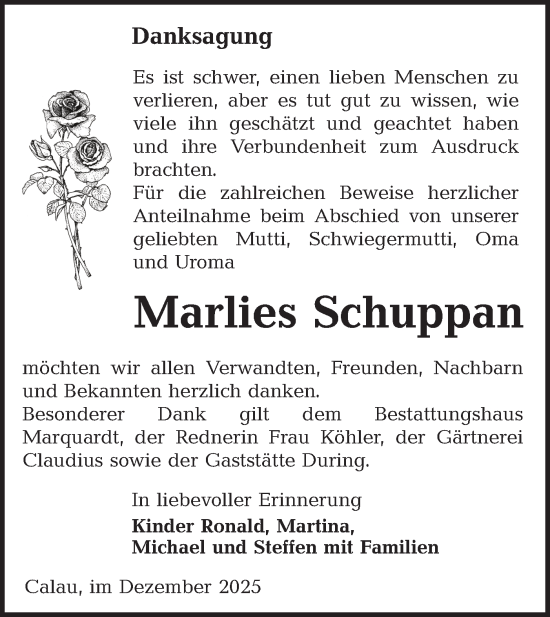 Traueranzeige von Marlies Schuppan von Lausitzer Rundschau