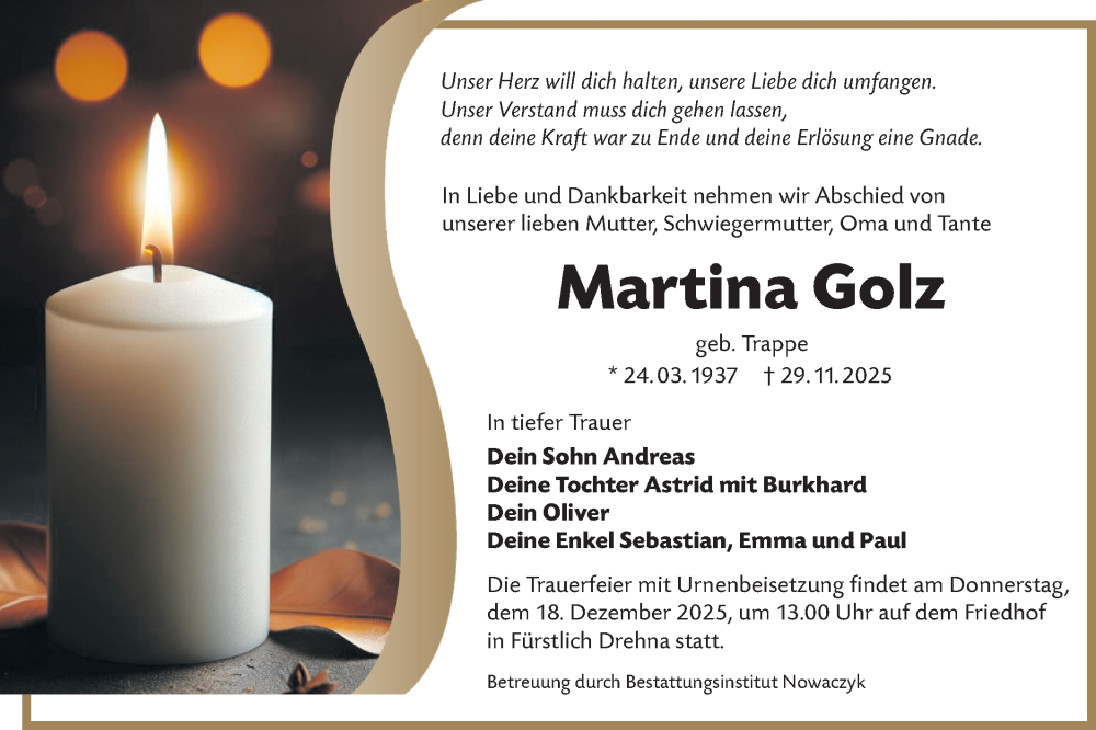  Traueranzeige für Martina Golz vom 13.12.2025 aus Lausitzer Rundschau