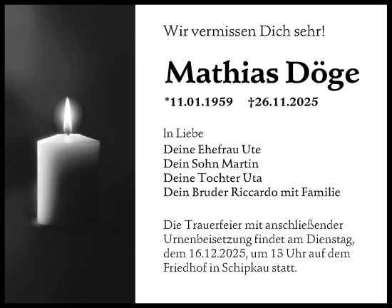 Traueranzeige von Mathias Döge von Lausitzer Rundschau