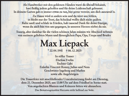 Traueranzeige von Max Liepack von Lausitzer Rundschau