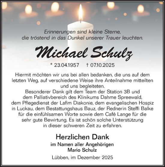 Traueranzeige von Michael Schulz von Ausg. LR Spreewald RS