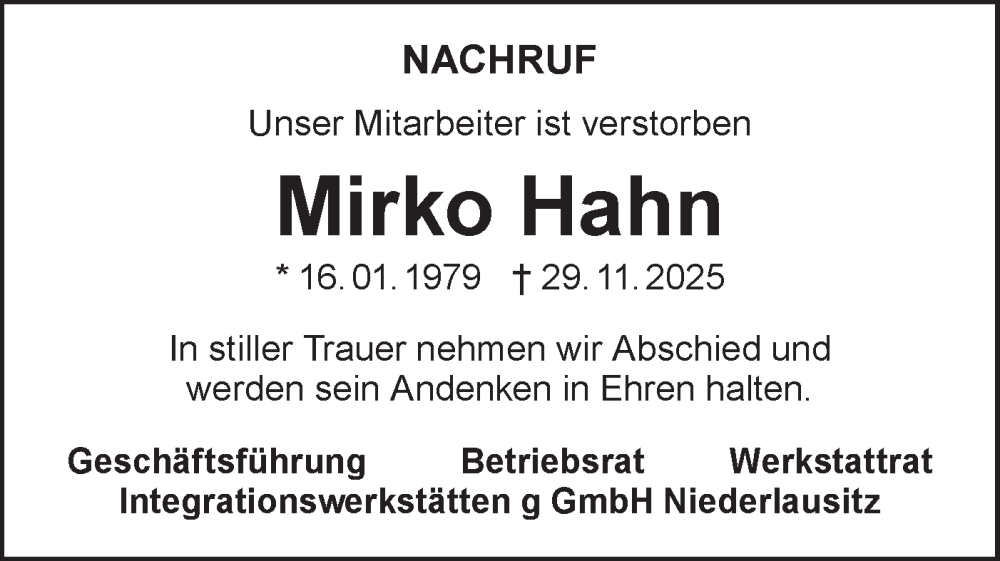  Traueranzeige für Mirko Hahn vom 20.12.2025 aus Lausitzer Rundschau