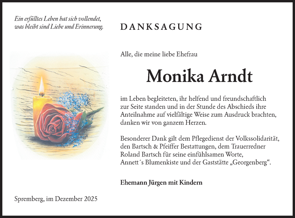  Traueranzeige für Monika Arndt vom 27.12.2025 aus Lausitzer Rundschau