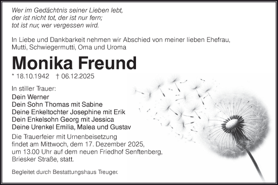 Traueranzeige von Monika Freund von Lausitzer Rundschau