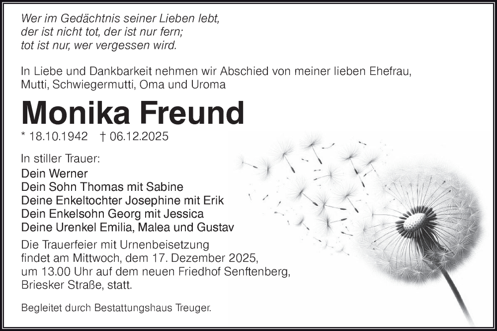  Traueranzeige für Monika Freund vom 13.12.2025 aus Lausitzer Rundschau