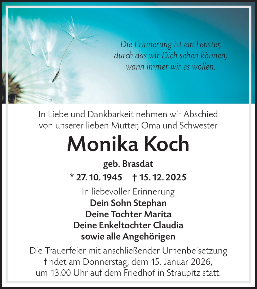  Traueranzeige für Monika Koch vom 27.12.2025 aus Lausitzer Rundschau