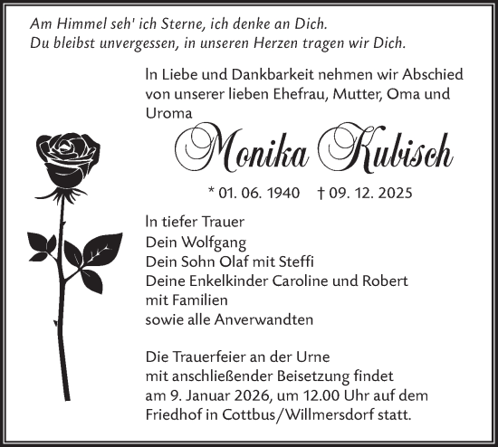 Traueranzeige von Monika Kubisch von Lausitzer Rundschau