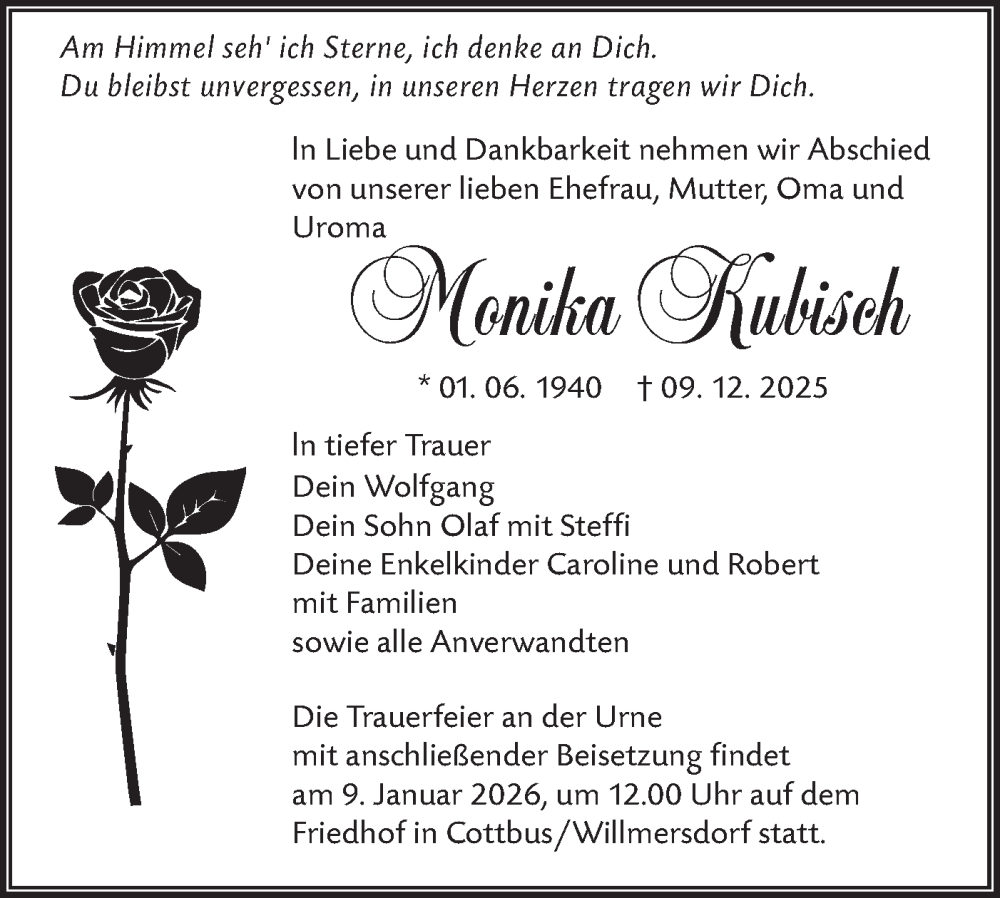  Traueranzeige für Monika Kubisch vom 27.12.2025 aus Lausitzer Rundschau