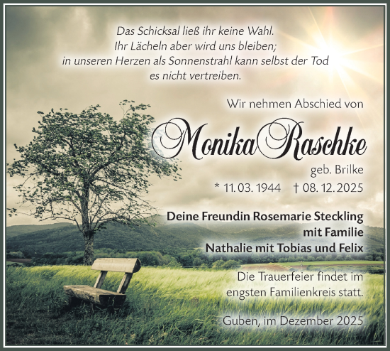 Traueranzeige von Monika Raschke von Lausitzer Rundschau