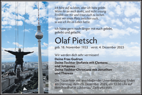 Traueranzeige von Olaf Pietsch von Lausitzer Rundschau