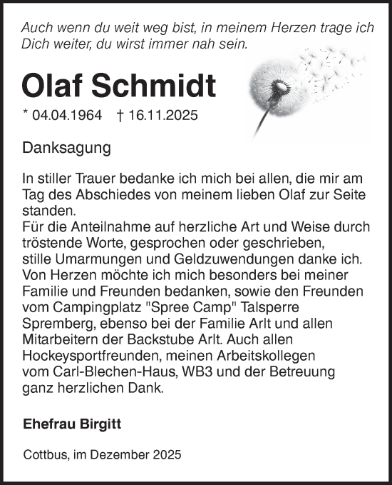 Traueranzeige von Olaf Schmidt von Lausitzer Rundschau