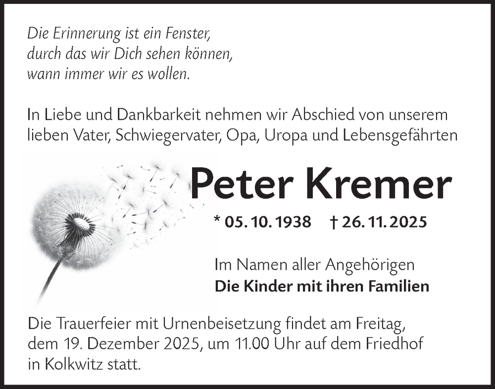  Traueranzeige für Peter Kremer vom 13.12.2025 aus Lausitzer Rundschau