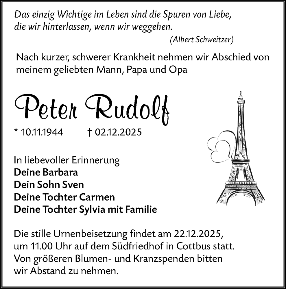  Traueranzeige für Peter Rudolf vom 13.12.2025 aus Lausitzer Rundschau