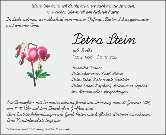 Traueranzeige von Petra Stein von Lausitzer Rundschau