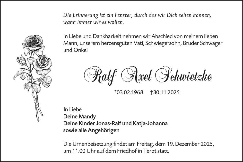  Traueranzeige für Ralf Axel Schwietzke vom 06.12.2025 aus Ausg. LR Spreewald RS