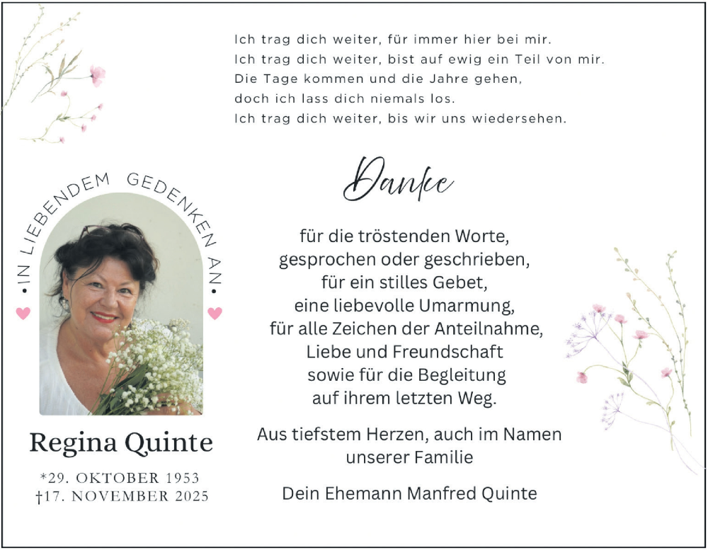  Traueranzeige für Regina Quinte vom 20.12.2025 aus Lausitzer Rundschau