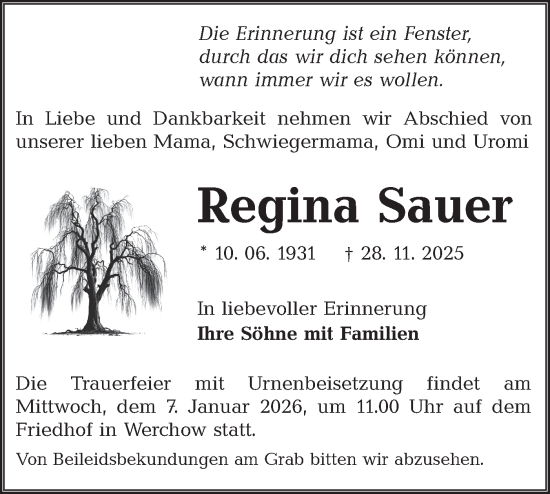 Traueranzeige von Regina Sauer von Lausitzer Rundschau