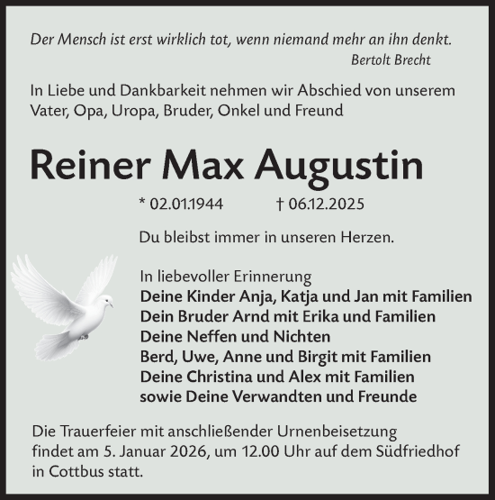 Traueranzeige von Reiner Max Augustin von Ausg. LR Spreewald RS