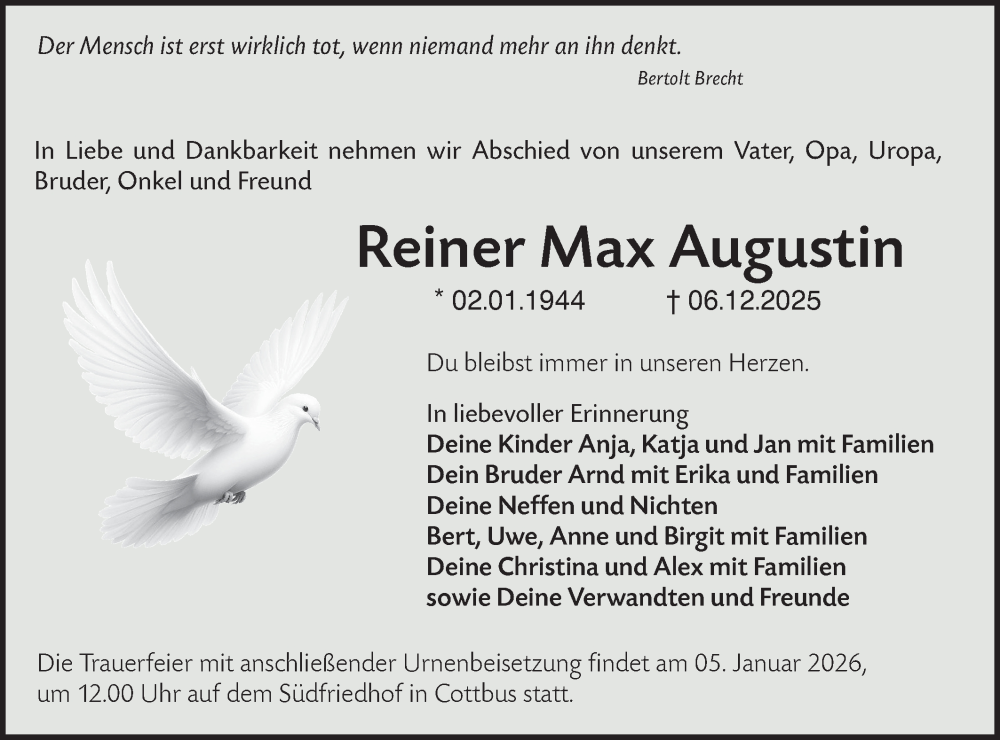  Traueranzeige für Reiner Max Augustin vom 20.12.2025 aus Lausitzer Rundschau