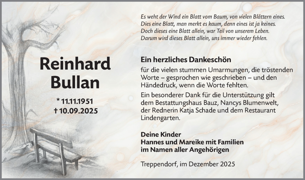  Traueranzeige für Reinhard Bullan vom 06.12.2025 aus Lausitzer Rundschau