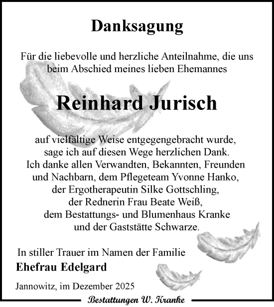 Traueranzeige von Reinhard Jurisch von Lausitzer Rundschau