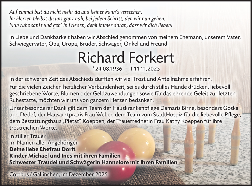  Traueranzeige für Richard Forkert vom 20.12.2025 aus Lausitzer Rundschau