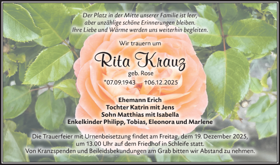 Traueranzeige von Rita Krauz von Lausitzer Rundschau