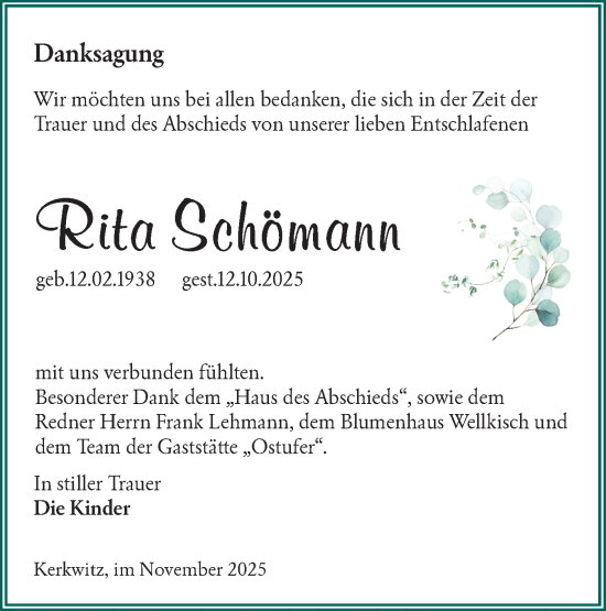 Traueranzeige von Rita Schömann von Lausitzer Rundschau