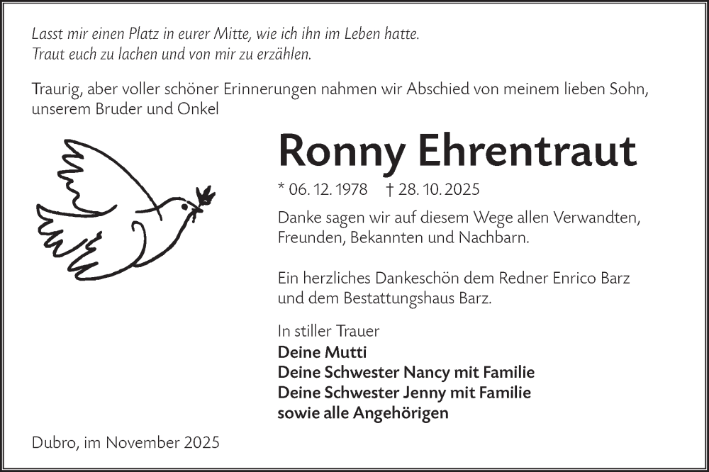  Traueranzeige für Ronny Ehrentraut vom 13.12.2025 aus Lausitzer Rundschau