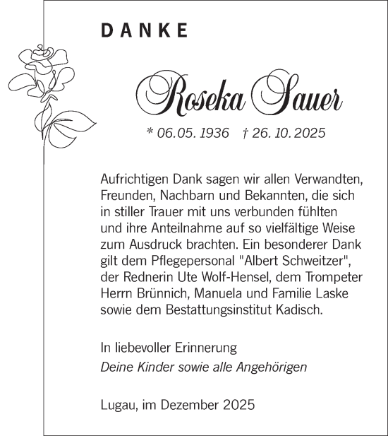 Traueranzeige von Roseka Sauer von Lausitzer Rundschau