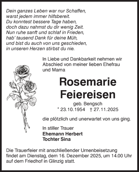 Traueranzeige von Rosemarie Feiereisen von Lausitzer Rundschau