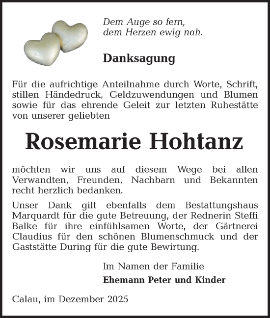 Traueranzeige von Rosemarie Hohtanz von Lausitzer Rundschau