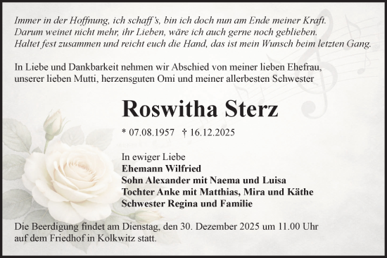 Traueranzeige von Roswitha Sterz von Lausitzer Rundschau