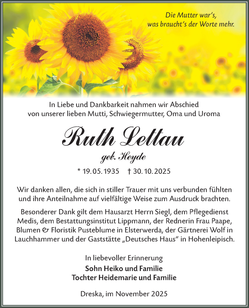  Traueranzeige für Ruth Lettau vom 13.12.2025 aus Lausitzer Rundschau