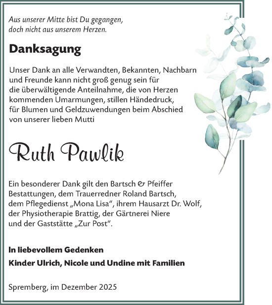 Traueranzeige von Ruth Pawlik von Lausitzer Rundschau
