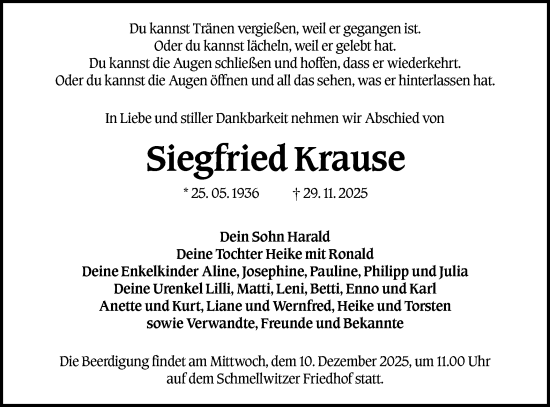 Traueranzeige von Siegfried Krause von Lausitzer Rundschau