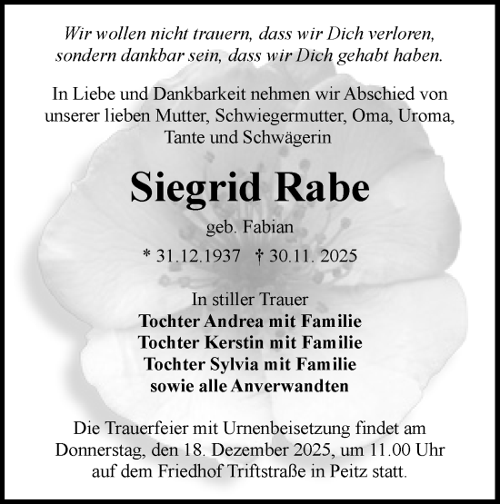 Traueranzeige von Siegrid Rabe von Lausitzer Rundschau