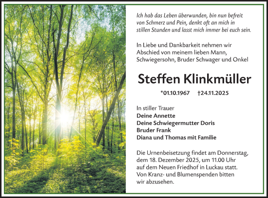 Traueranzeige von Steffen Klinkmüller von Lausitzer Rundschau