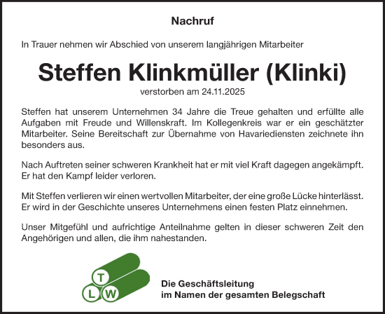 Traueranzeige von Steffen Klinkmüller von Lausitzer Rundschau