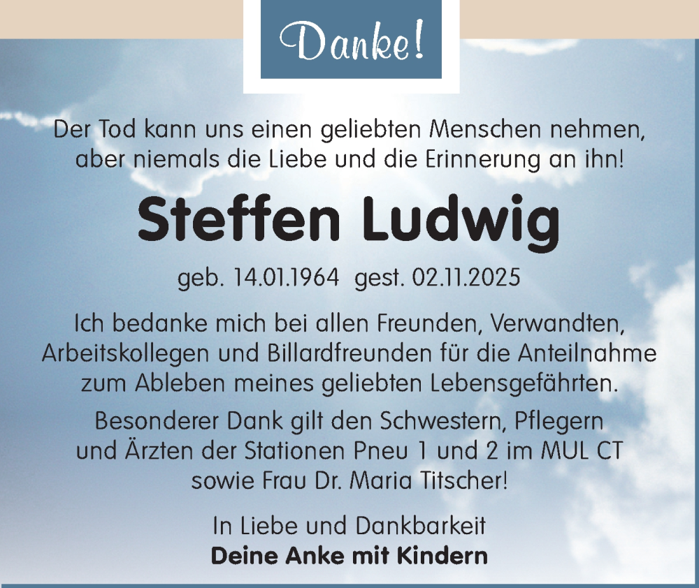  Traueranzeige für Steffen Ludwig vom 06.12.2025 aus Lausitzer Rundschau