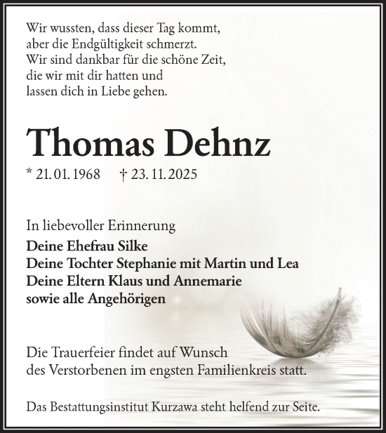 Traueranzeige von Thomas Dehnz von Lausitzer Rundschau
