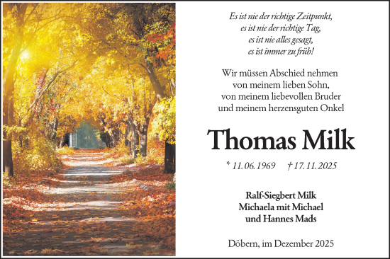 Traueranzeige von Thomas Milk von Lausitzer Rundschau