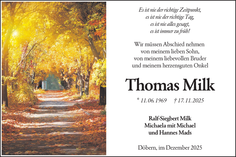  Traueranzeige für Thomas Milk vom 06.12.2025 aus Lausitzer Rundschau
