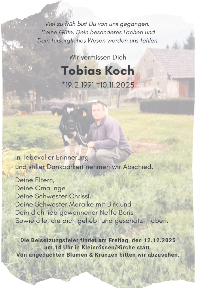  Traueranzeige für Tobias Koch vom 06.12.2025 aus Lausitzer Rundschau